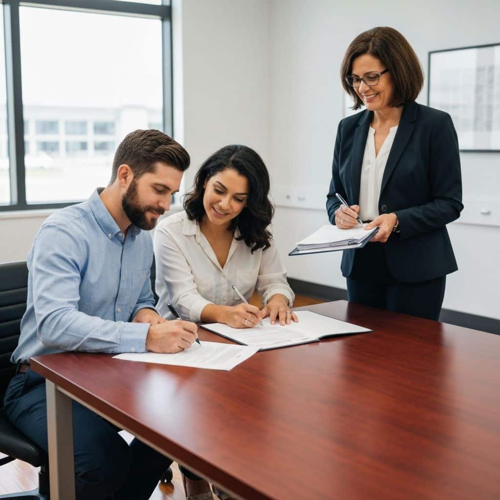 Couple Signing Mortgage Refinance Documents with Loan Officer